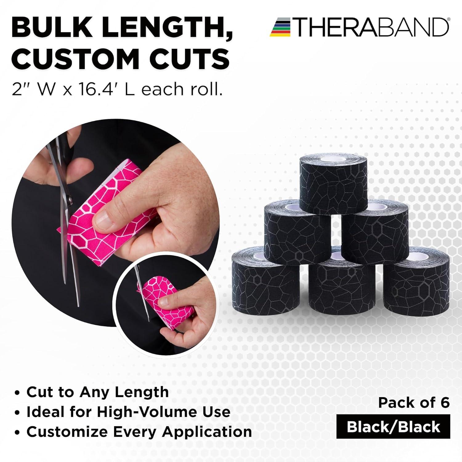 imageTHERABAND Kinesiology Tape BlackBlack 2 X 164 Roll 6 Pack with XactStretch Indicators LongLasting Athletic Tape for Shoulder amp Knee LatexFree Sports Tape Water Resistant CuttoLength
