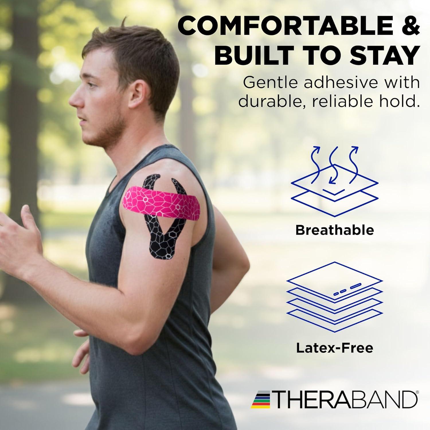 imageTHERABAND Kinesiology Tape PinkWhite 1 Roll with XactStretch Indicators LongLasting Athletic Tape for Shoulder Back amp Knee LatexFree amp Water Resistant for Men and Women PreCut