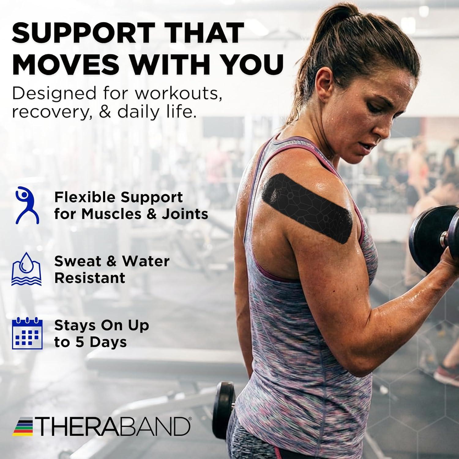 imageTHERABAND Kinesiology Tape Waterproof Physio Tape for Muscle amp Joint Support Standard Roll with XactStretch Application Indicators 2 Inch x 164 Foot Roll BlackGray