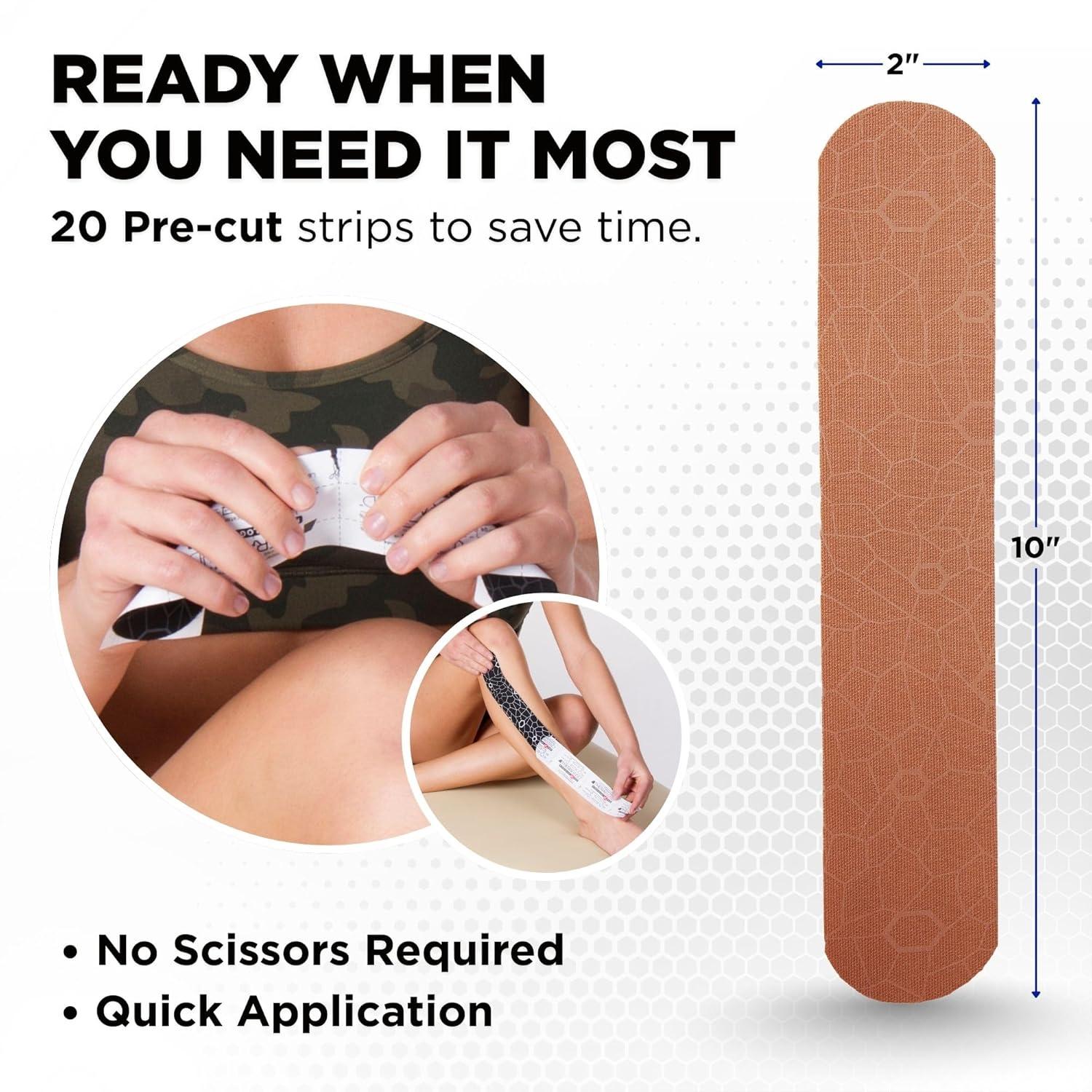 imageTHERABAND Kinesiology Tape Waterproof Physio Tape for Muscle amp Joint Support Standard Roll with XactStretch Application Indicators 2 X 10 Strips 20 Precut Strips BeigeBeige