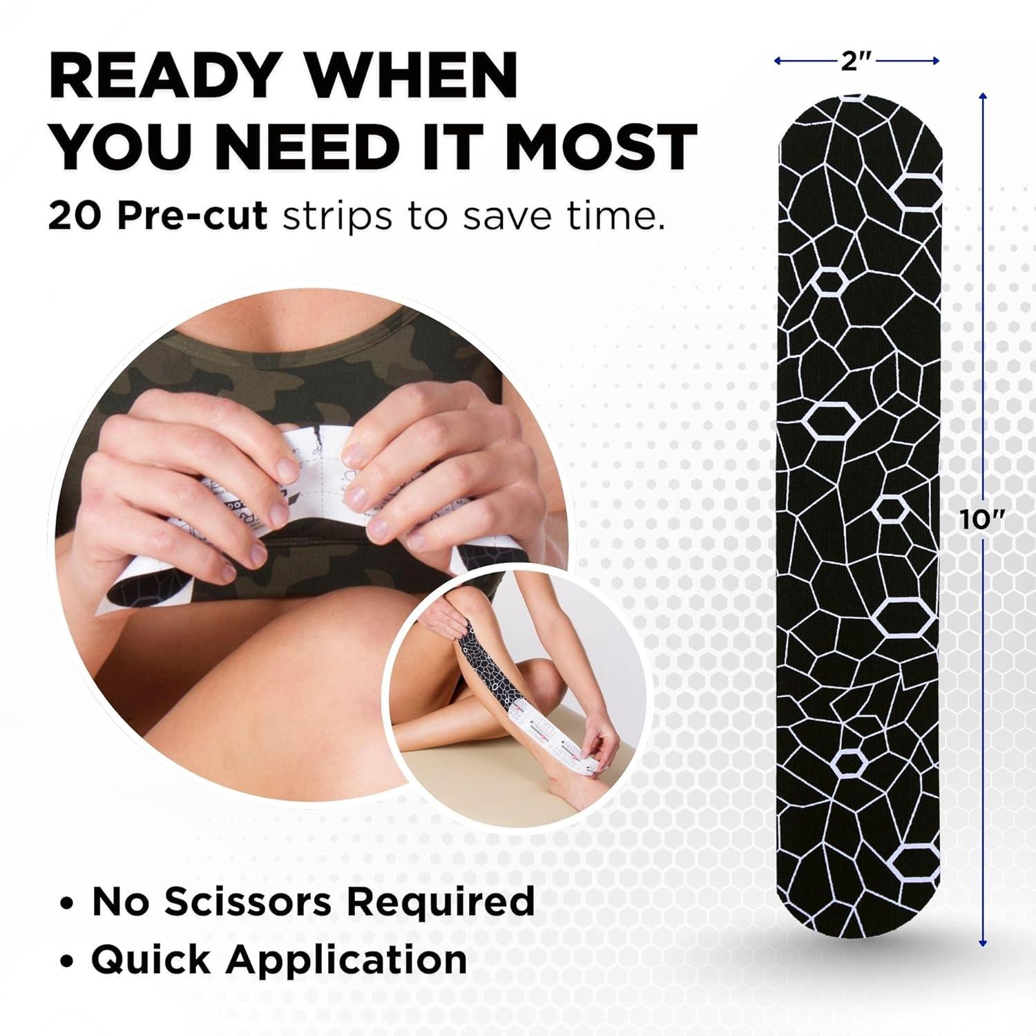 imageTHERABAND Kinesiology Tape Waterproof Physio Tape for Muscle amp Joint Support Standard Roll with XactStretch Application Indicators 2 X 10 Strips 20 Precut Strips BlackWhite