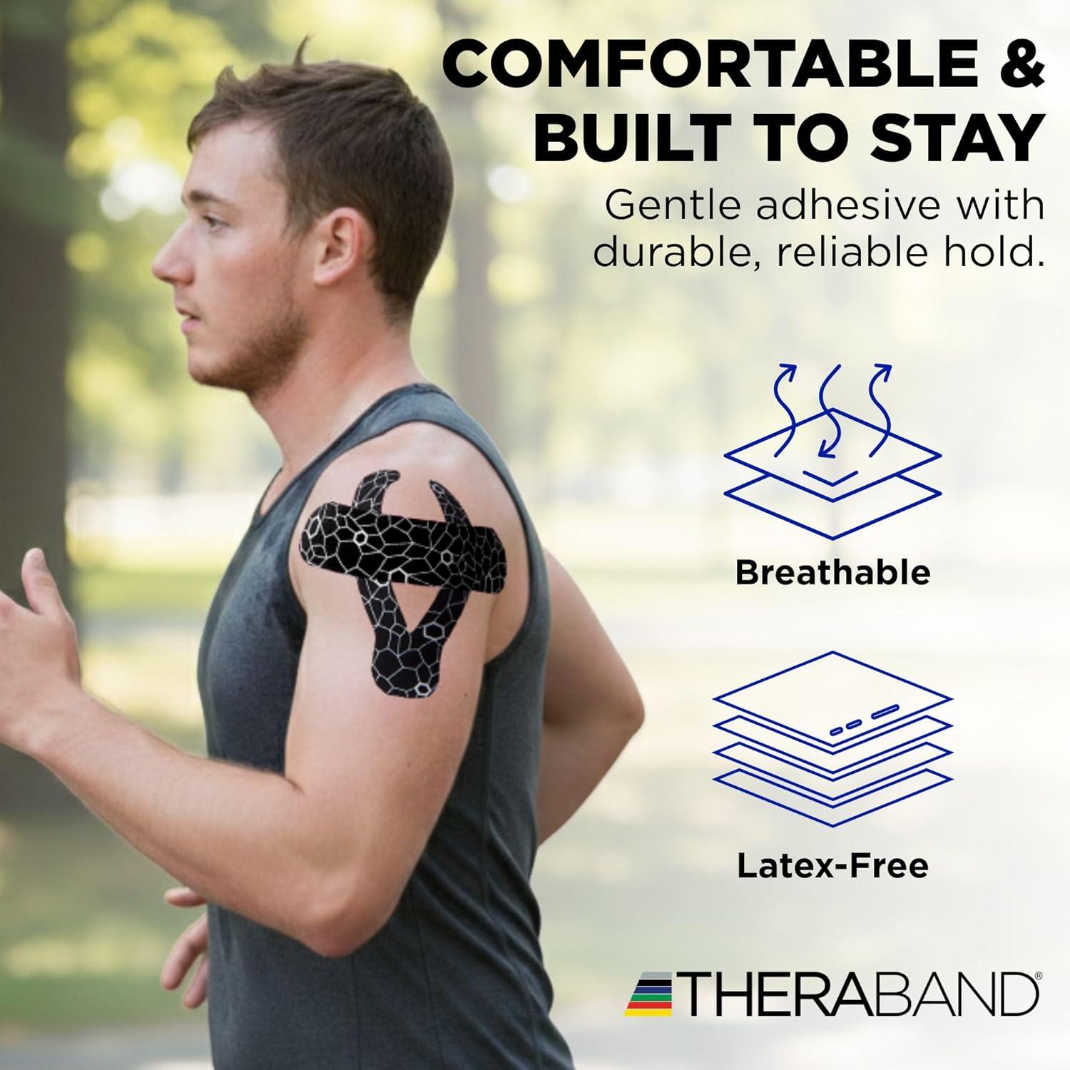 imageTHERABAND Kinesiology Tape Waterproof Physio Tape for Muscle amp Joint Support Standard Roll with XactStretch Application Indicators 2 X 10 Strips 20 Precut Strips BlackWhite