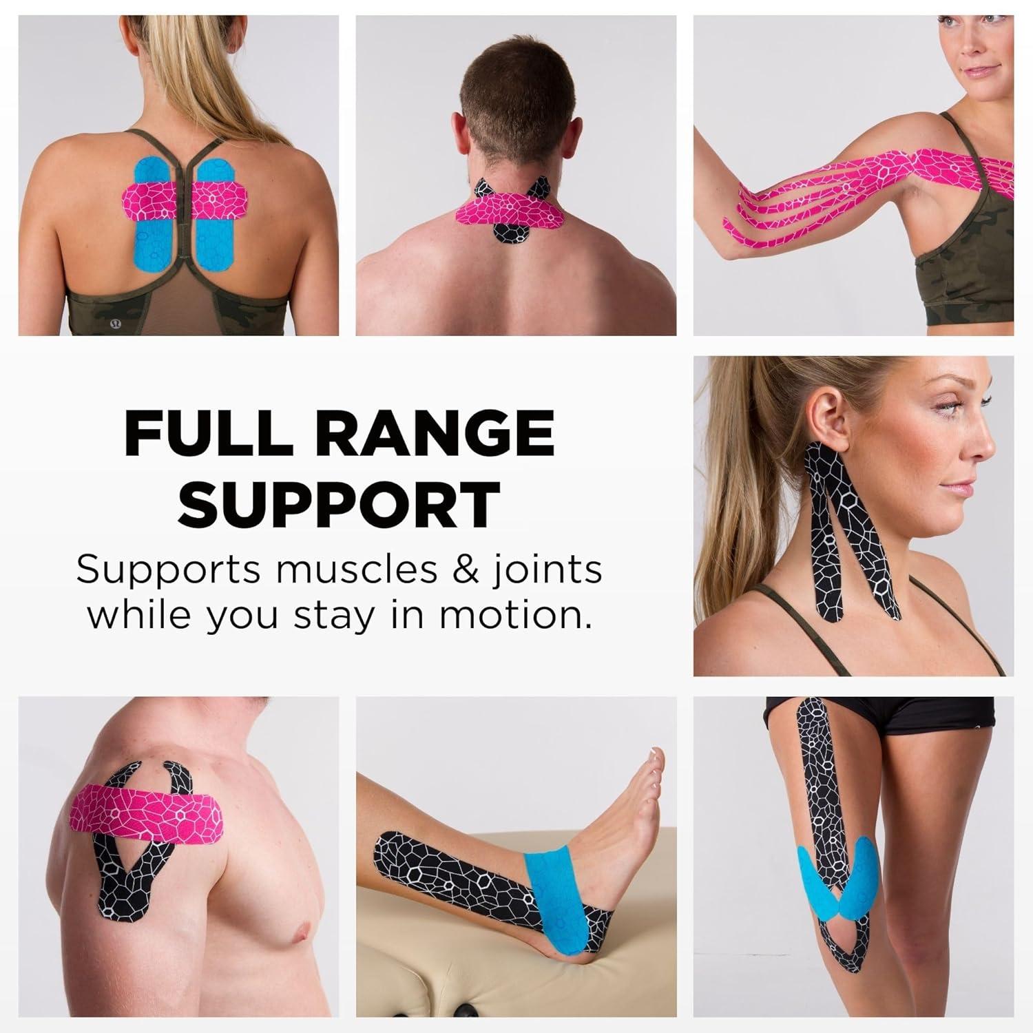 imageTHERABAND Kinesiology Tape Waterproof Physio Tape for Muscle amp Joint Support Standard Roll with XactStretch Application Indicators 2 X 10 Strips 20 Precut Strips BlackWhite