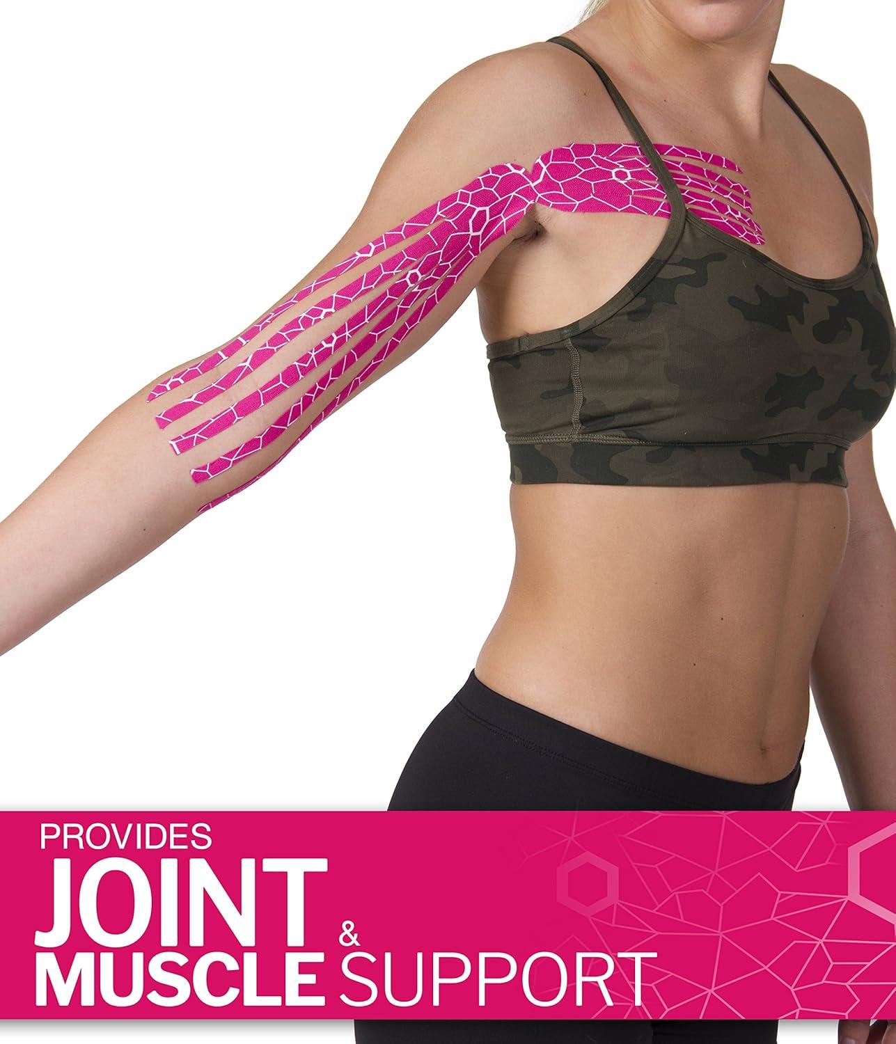 imageTHERABAND Kinesiology Tape Waterproof Physio Tape for Relief Muscle amp Joint Support Standard Roll with XactStretch Application Indicators 2 X 10 Strips 20 Precut Strips Hot RedBlackHot RedBlack