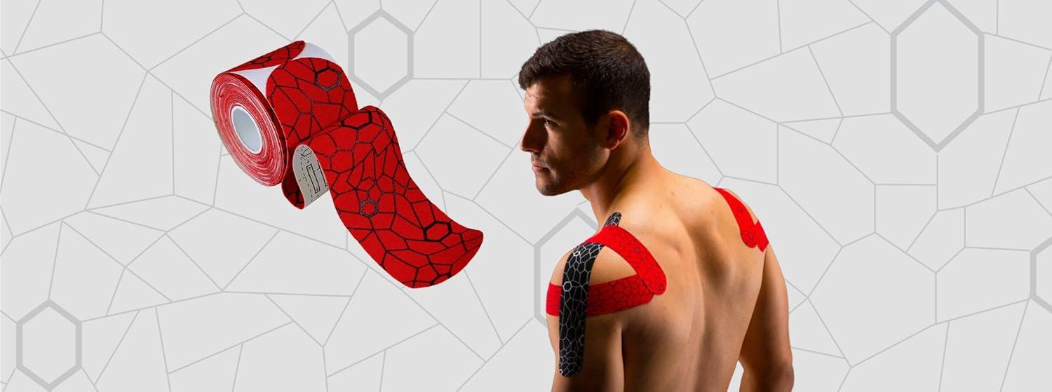 imageTHERABAND Kinesiology Tape Waterproof Physio Tape for Relief Muscle amp Joint Support Standard Roll with XactStretch Application Indicators 2 X 10 Strips 20 Precut Strips Hot RedBlackHot RedBlack