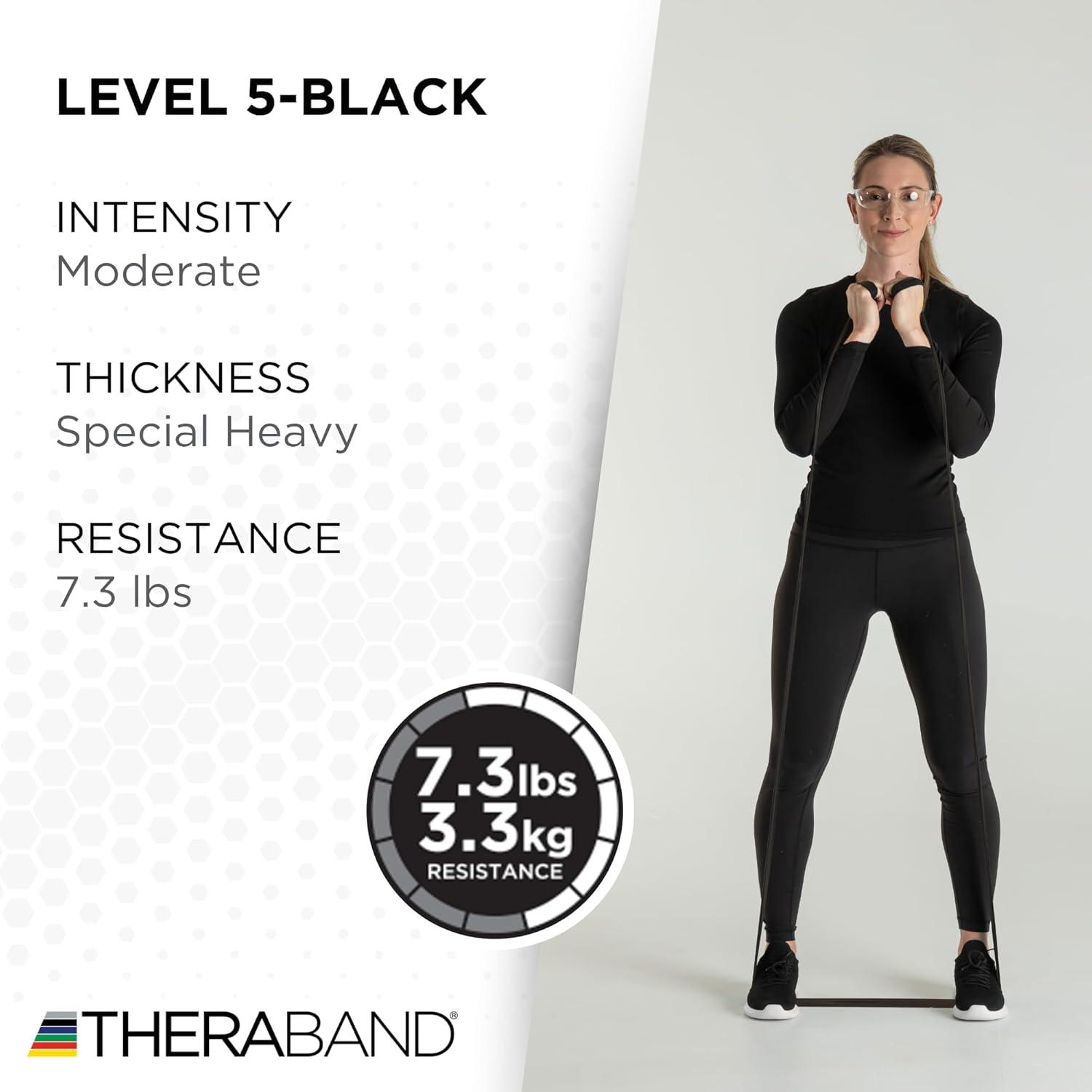 imageTHERABAND Professional Resistance Band Red Level 2 Medium 5 ft Exercise Band for Physical Therapy Strength Training Upper and Lower Body Workouts Yoga and PilatesLevel 6 Super Heavy Black