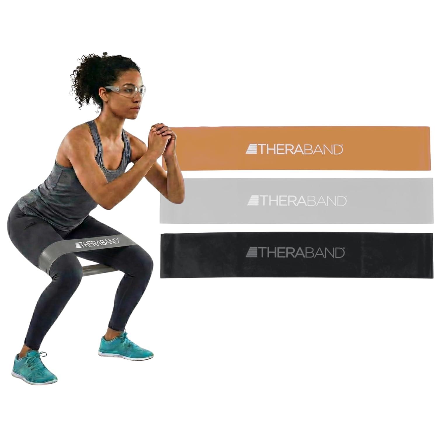 imageTHERABAND Resistance Band Loop Set 8 Workout Bands for Strength Training Stretching amp Physical Therapy Set of 4 ColorCoded Exercise Bands with Varying Resistance Levels Portable amp DurableBlackSilverGold