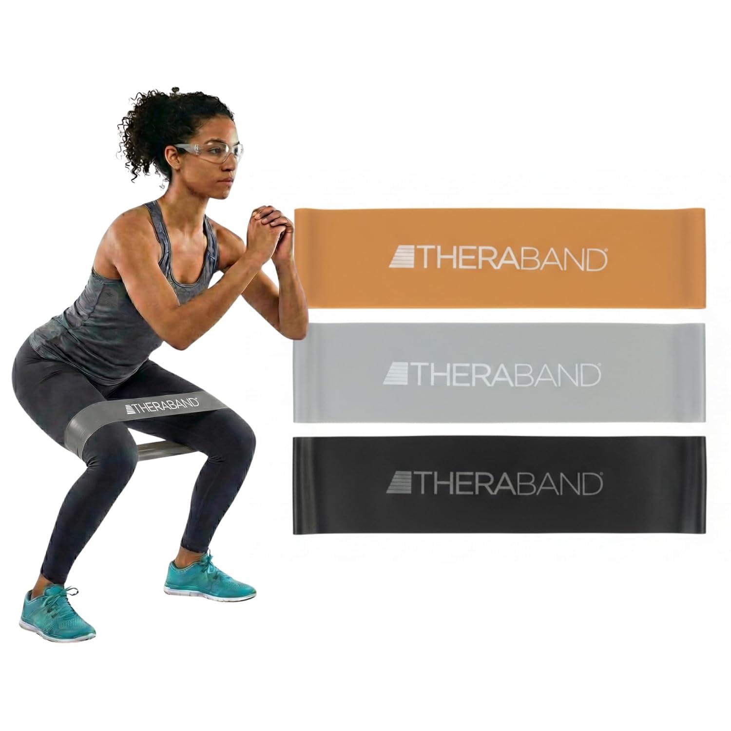 imageTHERABAND Resistance Band Loop Set 8 Workout Bands for Strength Training Stretching amp Physical Therapy Set of 4 ColorCoded Exercise Bands with Varying Resistance Levels Portable amp DurableBlackSilverGold
