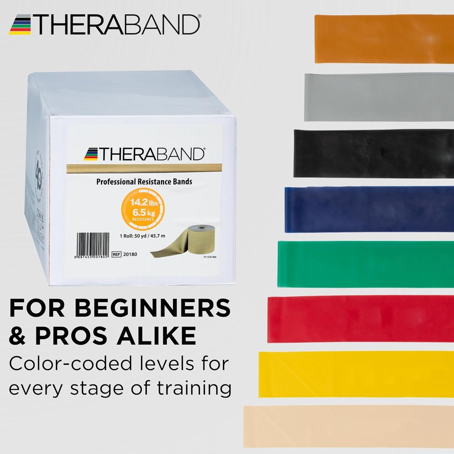 imageTHERABAND Resistance Band Yellow Light 50Yard Roll LatexFree Elastic Band for Exercise Physical Therapy Yoga Pilates Stretching Home Workouts CuttoLength ColorCoded LevelsGold Max