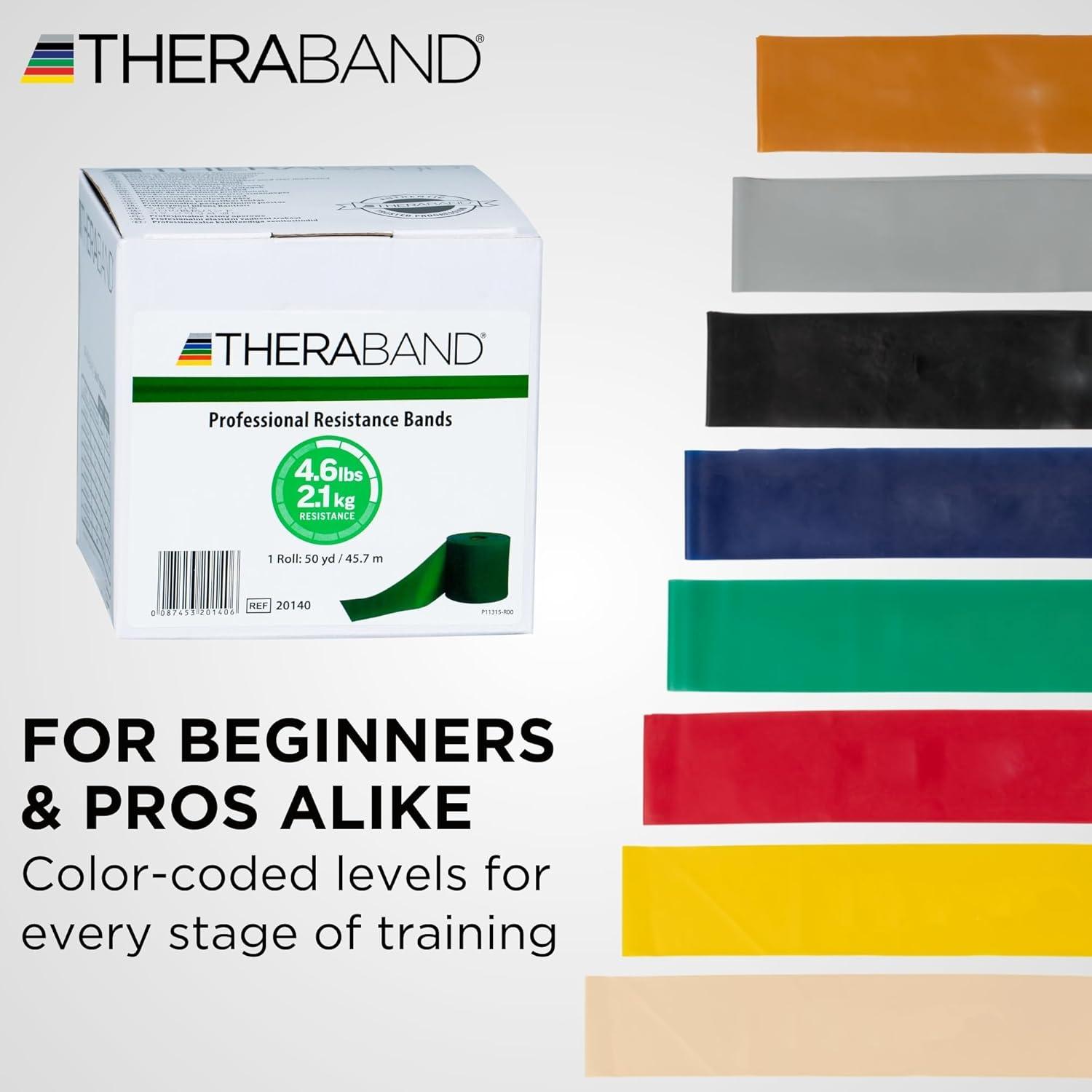 imageTHERABAND Resistance Band Yellow Light 50Yard Roll LatexFree Elastic Band for Exercise Physical Therapy Yoga Pilates Stretching Home Workouts CuttoLength ColorCoded LevelsLevel 3 Heavy Green