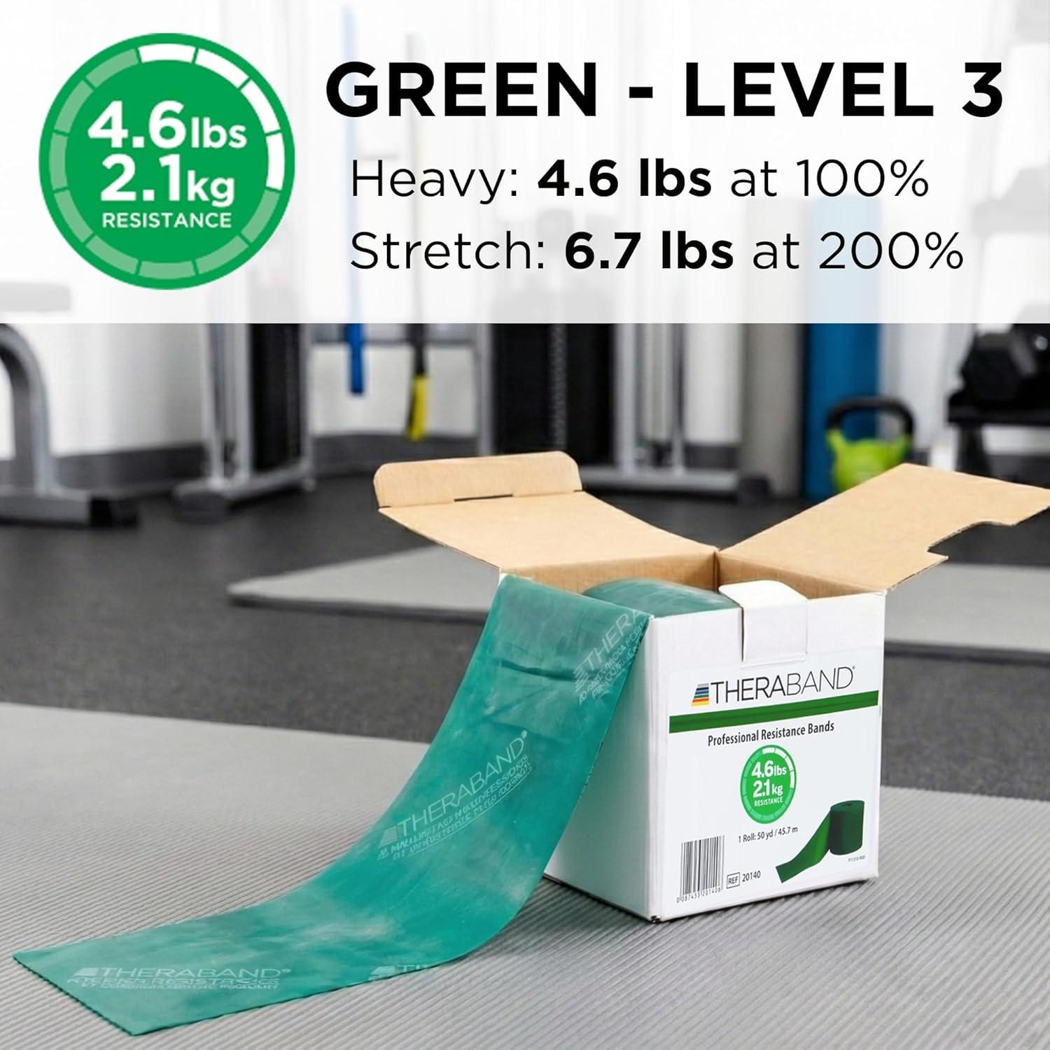 imageTHERABAND Resistance Band Yellow Light 50Yard Roll LatexFree Elastic Band for Exercise Physical Therapy Yoga Pilates Stretching Home Workouts CuttoLength ColorCoded LevelsLevel 3 Heavy Green