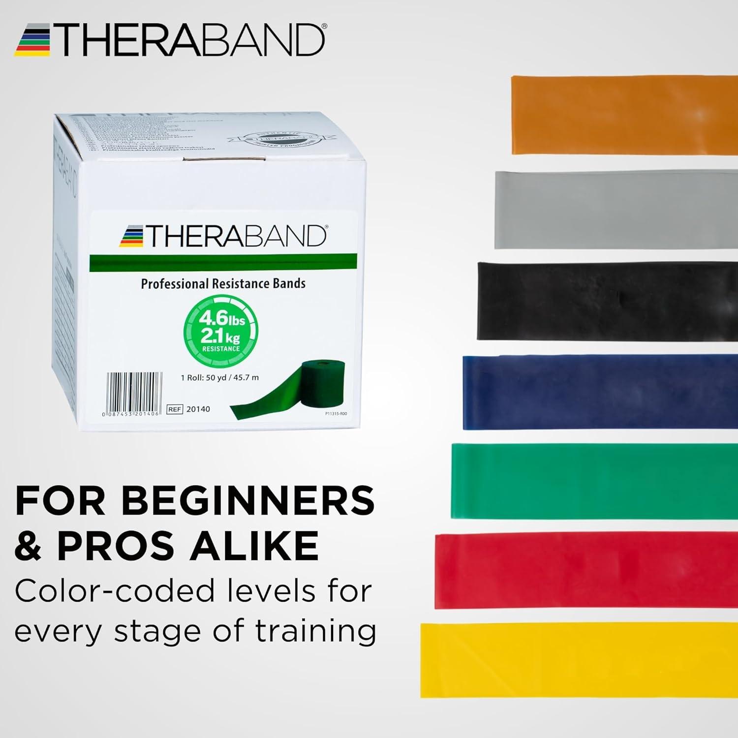 imageTHERABAND Resistance Band Yellow Light 50Yard Roll LatexFree Elastic Band for Exercise Physical Therapy Yoga Pilates Stretching Home Workouts CuttoLength ColorCoded LevelsGreen Heavy
