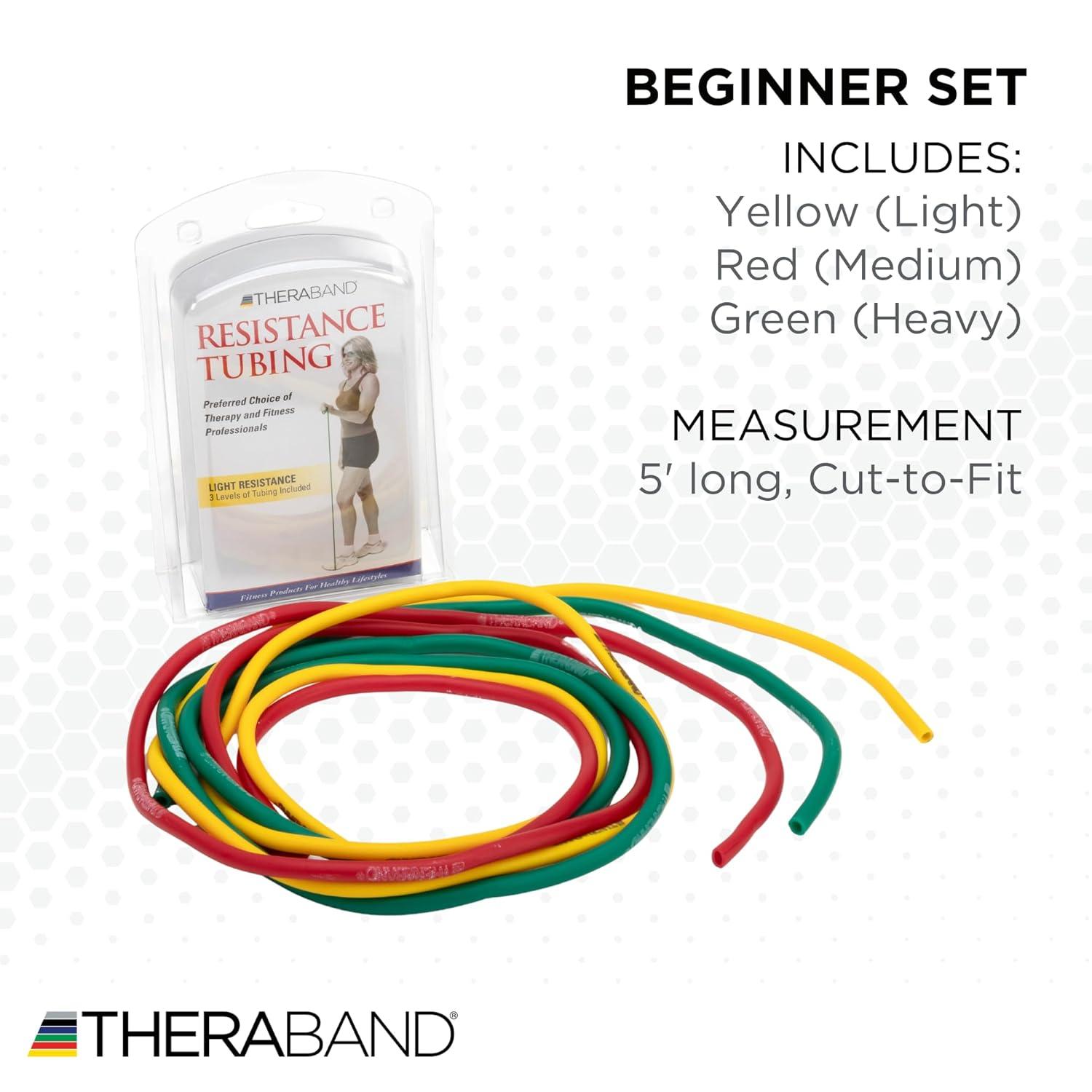 imageTHERABAND Resistance Tubes Begginer Set Yellow Red and Green 5 ft Latex Tubing Home or Clinic Use CuttoFit ColorCoded Resistance Bands for Upper amp Lower Body Workouts