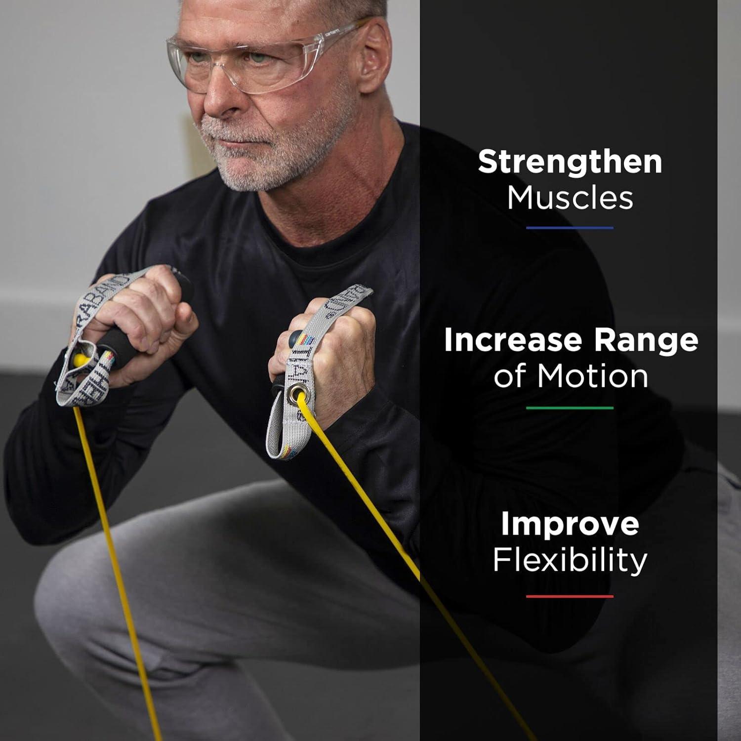 imageTHERABAND Resistance Tubes Professional Latex Elastic Tubing with Hard Handles For Exercise Physical Therapy Lower Pilates AtHome Workouts amp Rehab 48 Inch Green Heavy IntermediateYellow Thin