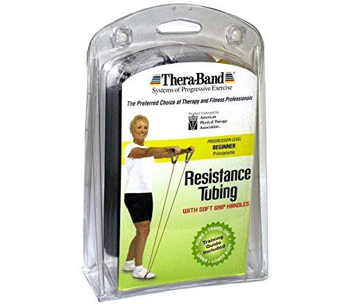 imageTHERABAND Resistance Tubes Professional Latex Elastic Tubing with Soft Handles Full Body Exercise Physical Therapy Lower Pilates AtHome Workouts amp Rehab 48 Inch Yellow Thin Beginner Level 2