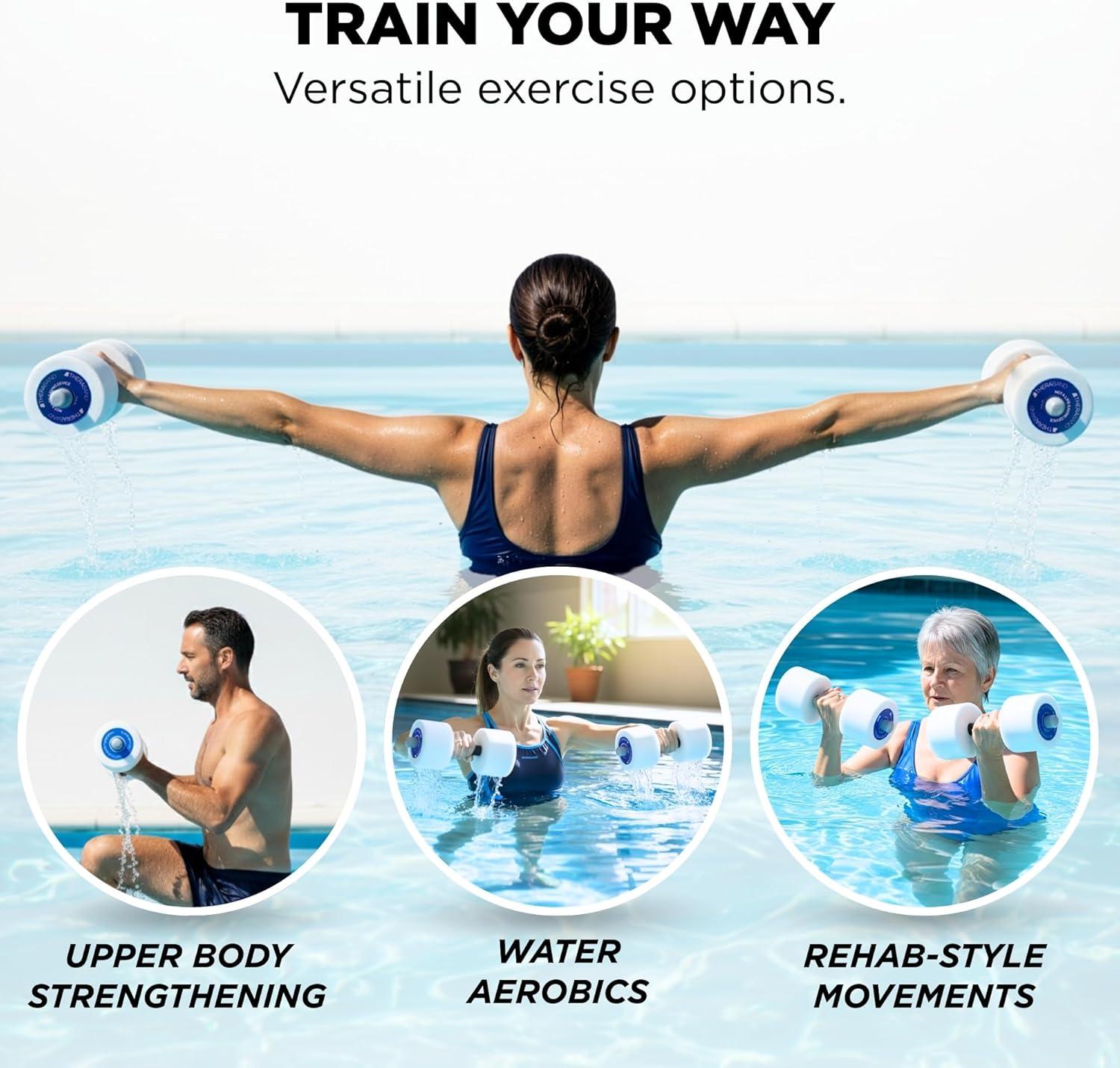 imageTHERABAND Water Weights Aquatic Dumbbells for Pool Fitness Pair Blue Heavy Resistance Level for Pool Exercise and Water Aerobics for Adults Foam Pool Weights for Therapy and Fitness Workouts