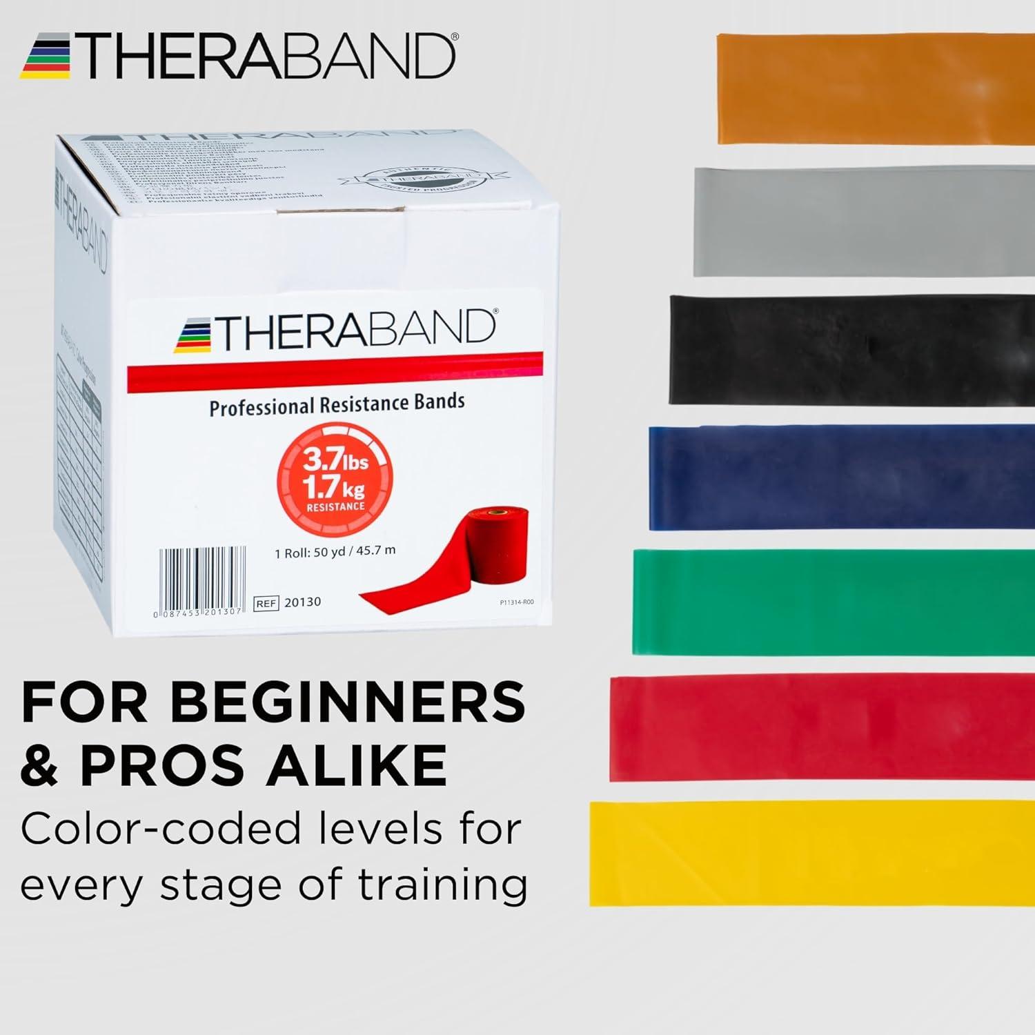 imageTheraband 11727 NonLatex Professional Elastic Stretch Band for Upper amp Lower Body Exercise Workouts and Physical Therapy Medium Red 50yd Length