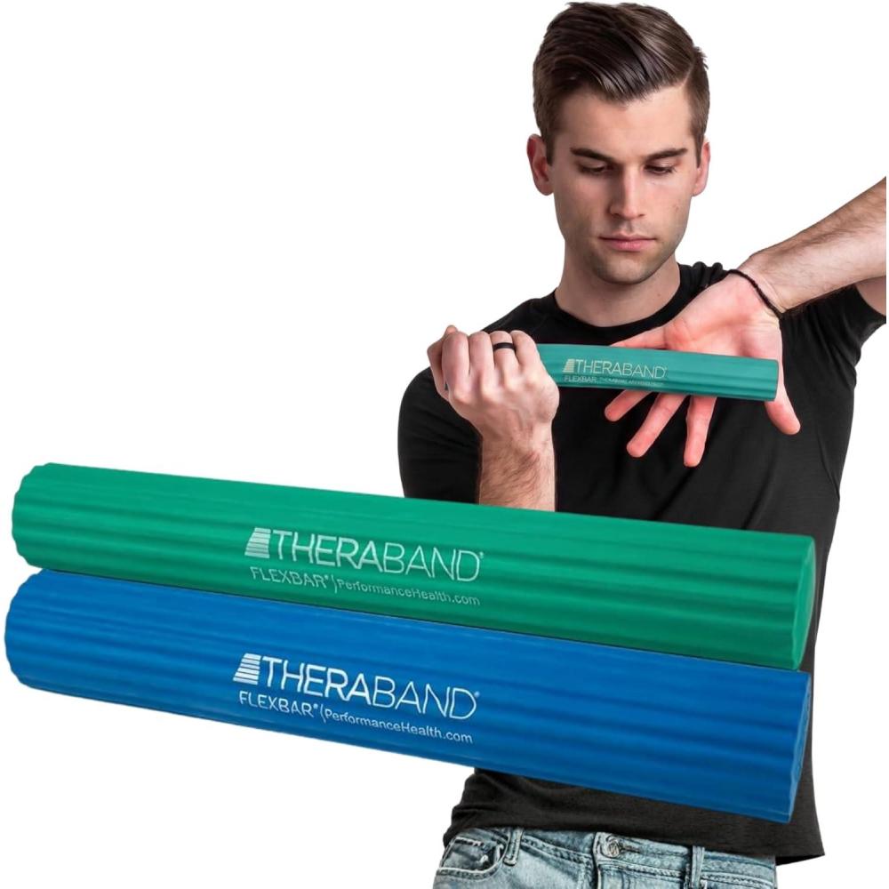 imageTHERABAND FlexBar Resistance Bars for Tennis Elbow amp Grip Strength ColorCoded Therapy Bars for Tendonitis amp Golfers ElbowGreenBlue MediumHeavy