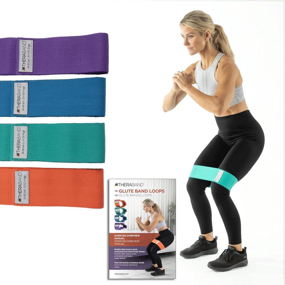 imageTHERABAND Glute Band Loops Fabric Exercise Bands for Home or Travel Designed for Glute and Lower Body Strength Set of 4 Loop Bands with Increasing Levels of Resistance Ideal for Men and Women