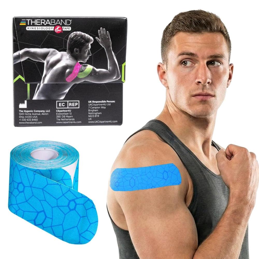 imageTHERABAND Kinesiology Tape BlueBlue 1 Roll with XactStretch Indicators LongLasting Athletic Tape for Shoulder Back amp Knee LatexFree amp Water Resistant for Men and Women PreCut