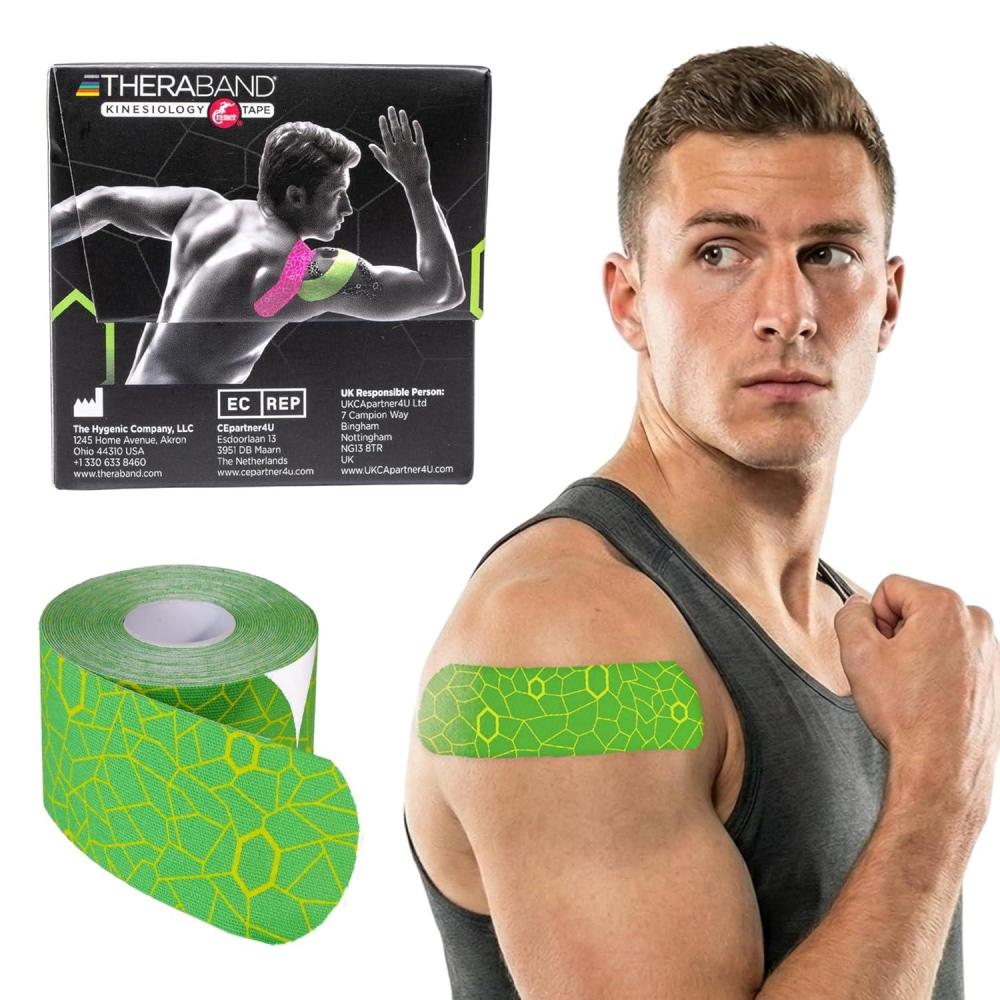 imageTHERABAND Kinesiology Tape GreenYellow 1 Roll with XactStretch Indicators LongLasting Athletic Tape for Shoulder Back amp Knee LatexFree amp Water Resistant for Men and Women PreCut