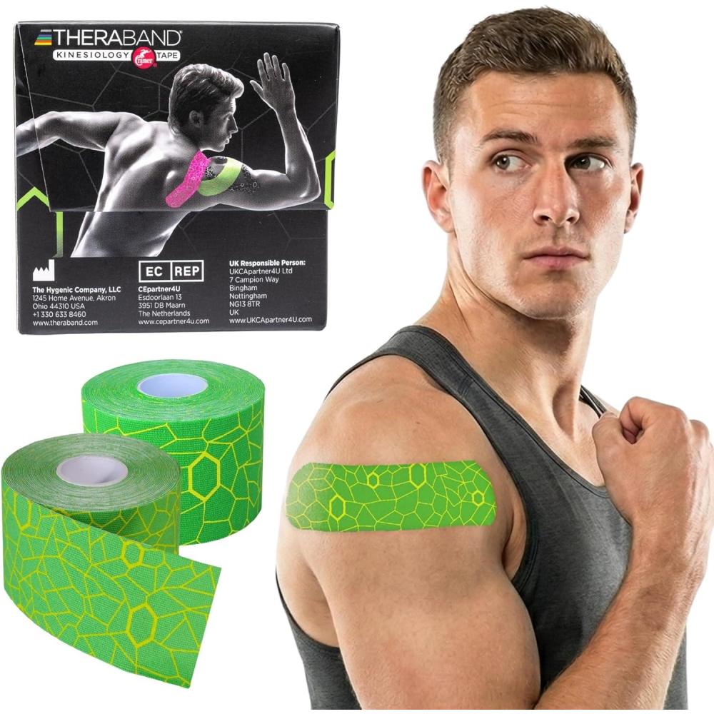 imageTHERABAND Kinesiology Tape GreenYellow 2 X 164 Roll 2 Pack with XactStretch Indicators LongLasting Athletic Tape for Shoulder amp Knee LatexFree Sports Tape Water Resistant CuttoLength