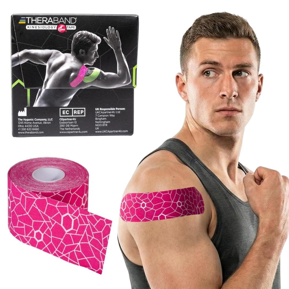 imageTHERABAND Kinesiology Tape Waterproof Physio Tape for Muscle amp Joint Support Standard Roll with XactStretch Application Indicators 2 Inch x 164 Foot Roll PinkWhite