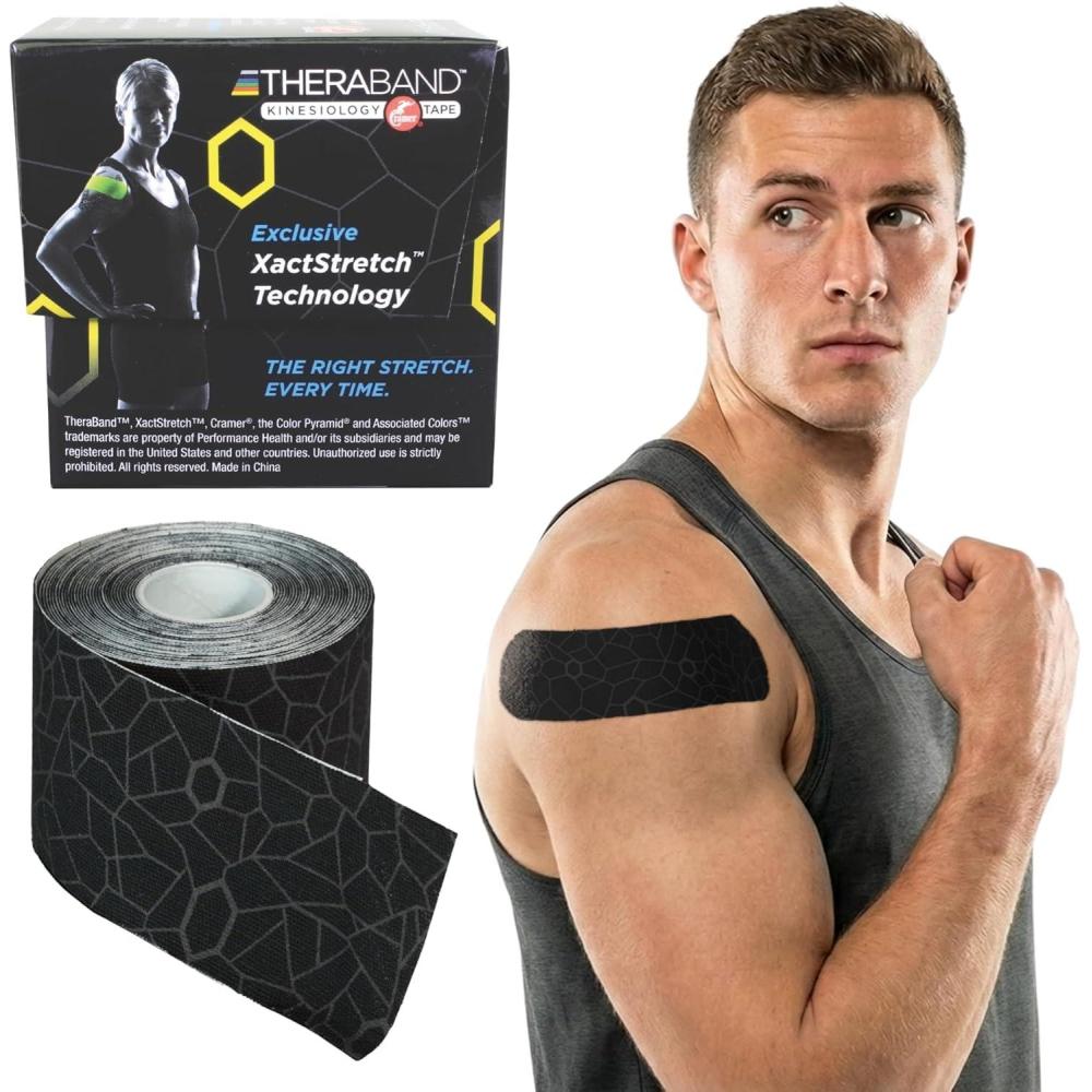 imageTHERABAND Kinesiology Tape Waterproof Physio Tape for Muscle amp Joint Support Standard Roll with XactStretch Application Indicators 2 Inch x 164 Foot Roll BlackGray
