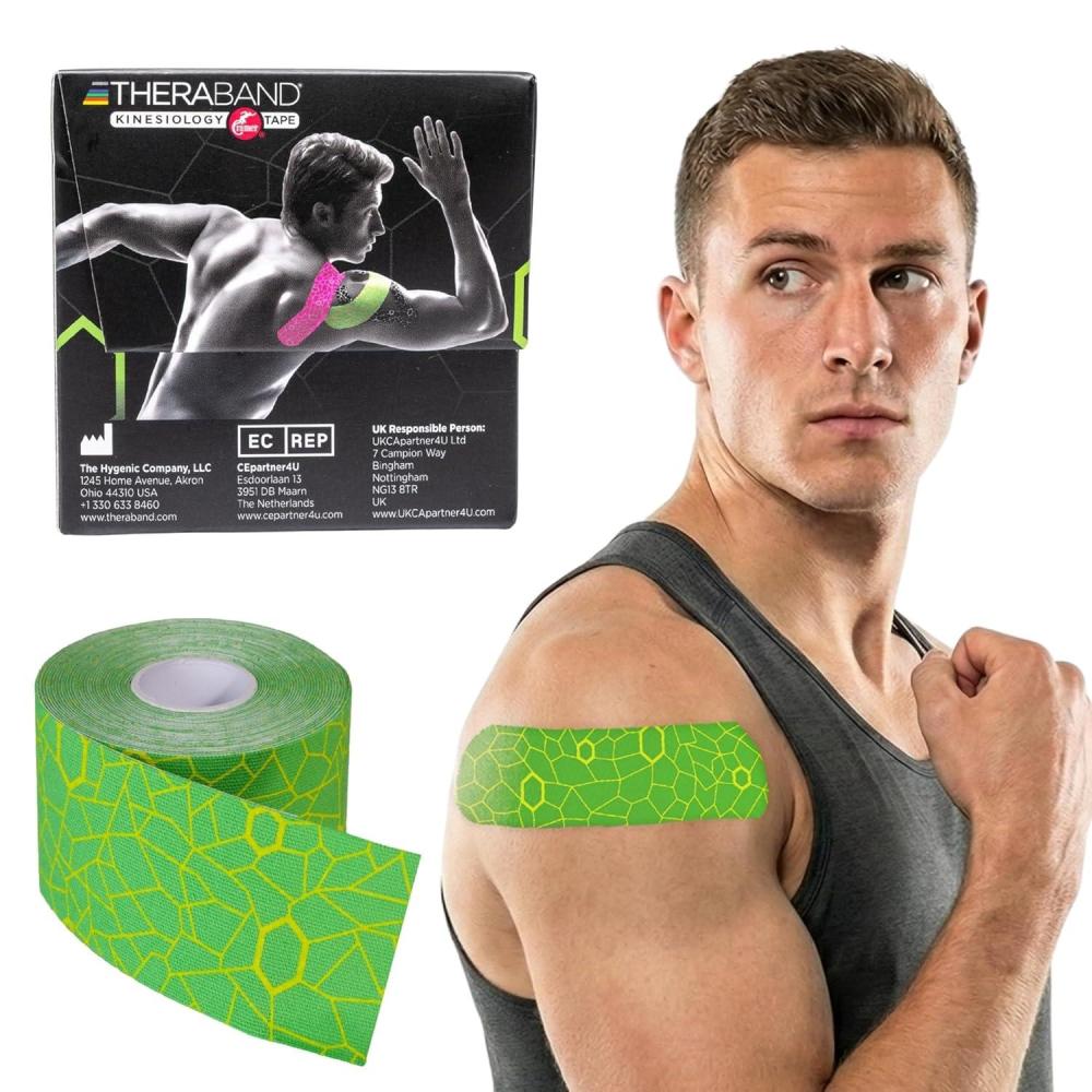 imageTHERABAND Kinesiology Tape Waterproof Physio Tape for Muscle amp Joint Support Standard Roll with XactStretch Application Indicators 2 Inch x 164 Foot Roll Electric GreenYellow