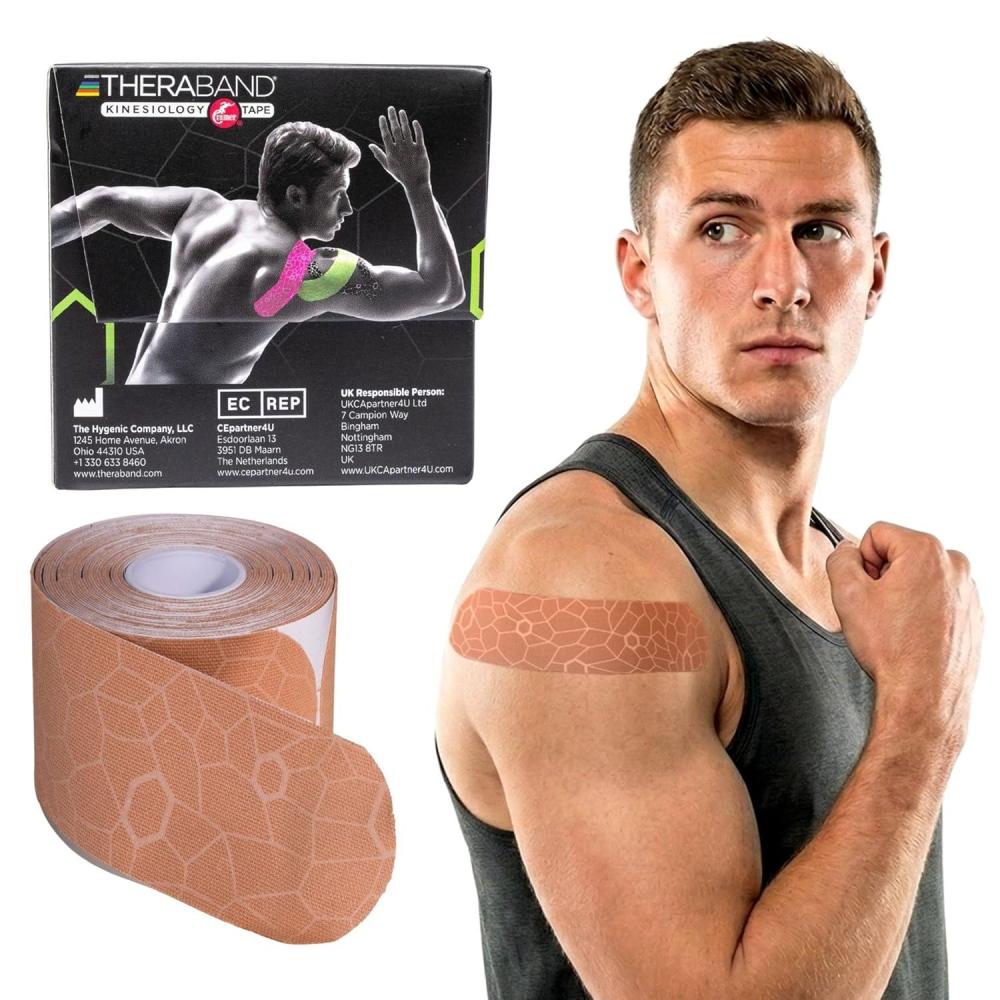 imageTHERABAND Kinesiology Tape Waterproof Physio Tape for Muscle amp Joint Support Standard Roll with XactStretch Application Indicators 2 X 10 Strips 20 Precut Strips BeigeBeige