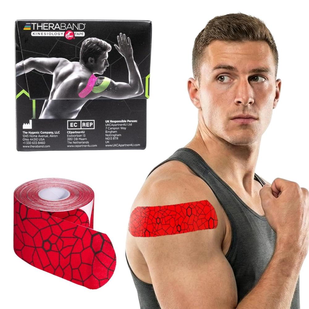 imageTHERABAND Kinesiology Tape Waterproof Physio Tape for Muscle amp Joint Support Standard Roll with XactStretch Application Indicators 2 X 10 Strips 20 Precut Strips Hot RedBlack