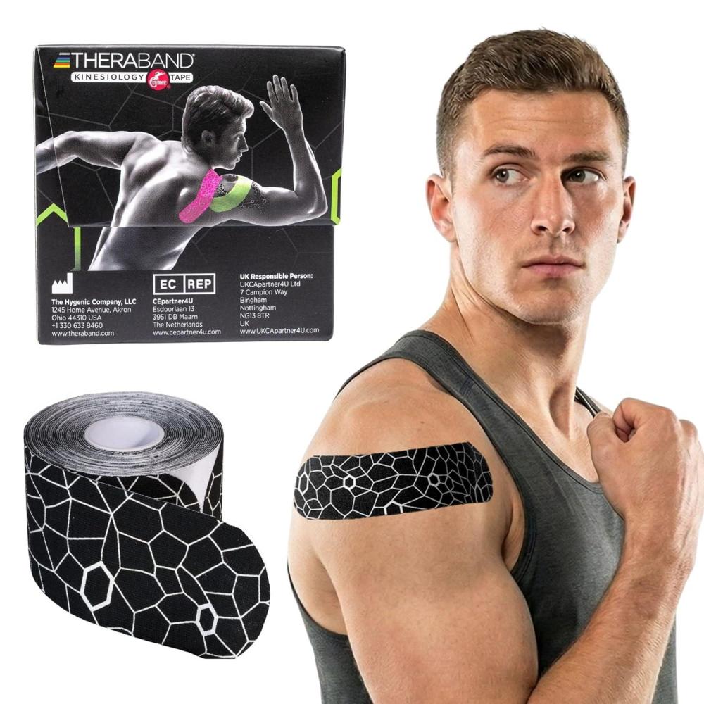imageTHERABAND Kinesiology Tape Waterproof Physio Tape for Muscle amp Joint Support Standard Roll with XactStretch Application Indicators 2 X 10 Strips 20 Precut Strips BlackWhite