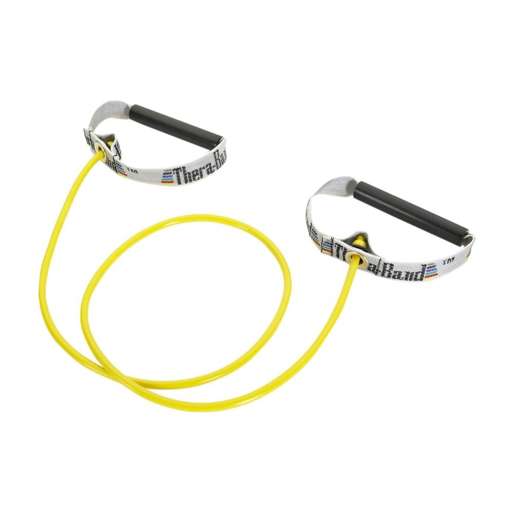 imageTHERABAND Resistance Tubes Professional Latex Elastic Tubing with Hard Handles For Exercise Physical Therapy Lower Pilates AtHome Workouts amp Rehab 48 Inch Green Heavy IntermediateYellow Thin