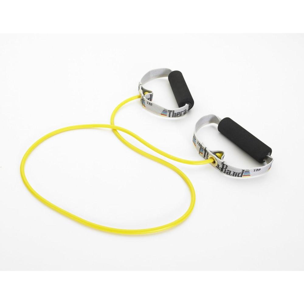 imageTHERABAND Resistance Tubes Professional Latex Elastic Tubing with Soft Handles Full Body Exercise Physical Therapy Lower Pilates AtHome Workouts amp Rehab 48 Inch Yellow Thin Beginner Level 2