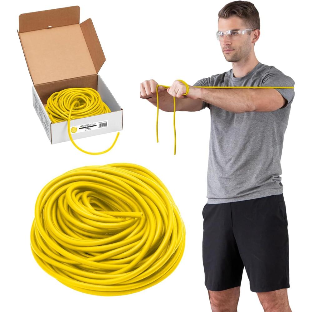 imageTHERABAND Resistance Tubing Yellow Light Level 1 100 ft Roll LatexFree ProfessionalGrade Exercise Tube for Body amp Core Workouts CuttoLength ColorCoded Lightweight amp Versatile