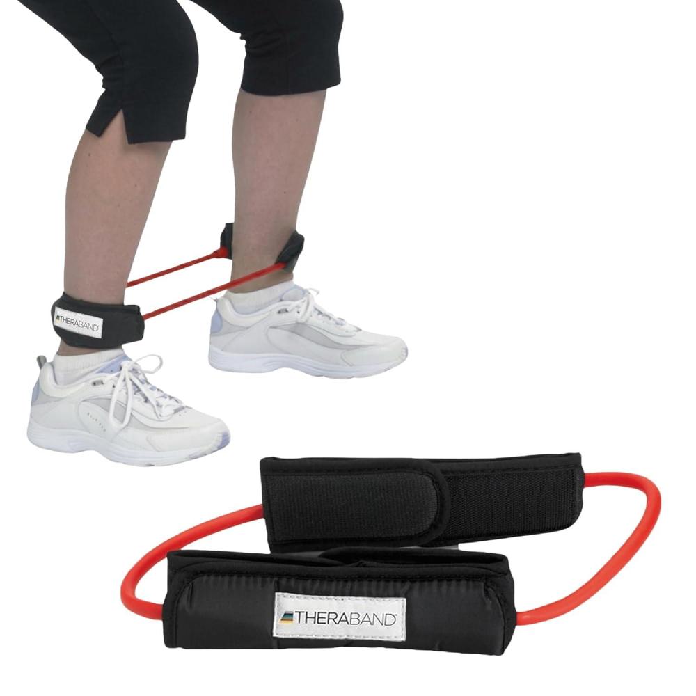 imageTHERABAND Resistance Tubing with Cuffs Medium Red Level 2 Exercise Bands for Lower Body Workouts Physical Therapy Pilates amp AtHome Training