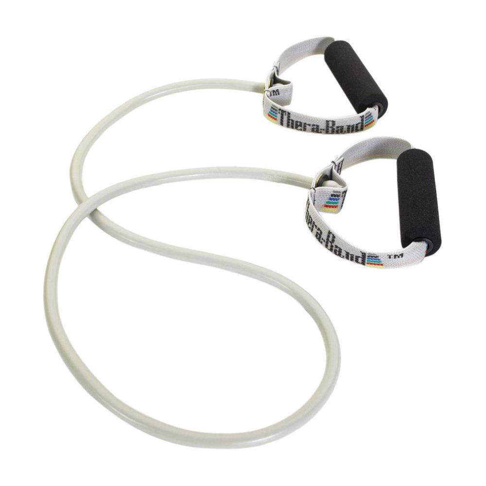 imageTheraband 21726 Professional Latex Resistance Tubing with Handles for UpperBody Exercise Rehab and Conditioning Super Heavy SilverSilver Super Heavey