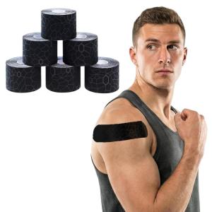 THERABAND Kinesiology Tape, Black/Black, 2” X 16.4′ Roll, 6 Pack with XactStretch Indicators, Long-Lasting Athletic Tape for Shoulder & Knee, Latex-Free Sports Tape, Water Resistant, Cut-to-Length