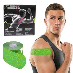 THERABAND Kinesiology Tape, Green/Yellow, 1 Roll, with XactStretch Indicators, Long-Lasting Athletic Tape for Shoulder, Back & Knee, Latex-Free & Water Resistant for Men and Women, Pre-Cut