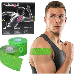 THERABAND Kinesiology Tape, Green/Yellow, 2” X 16.4′ Roll, 2 Pack with XactStretch Indicators, Long-Lasting Athletic Tape for Shoulder & Knee, Latex-Free Sports Tape, Water Resistant, Cut-to-Length