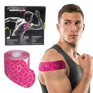 THERABAND Kinesiology Tape, Pink/White, 1 Roll, with XactStretch Indicators, Long-Lasting Athletic Tape for Shoulder, Back & Knee, Latex-Free & Water Resistant for Men and Women, Pre-Cut
