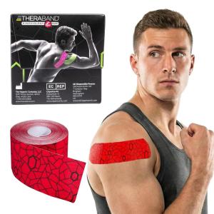 THERABAND Kinesiology Tape, Waterproof Physio Tape for Muscle & Joint Support, Standard Roll with XactStretch Application Indicators, 2 Inch x 16.4 Foot Roll, Hot Red/Black