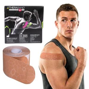 THERABAND Kinesiology Tape, Waterproof Physio Tape for Muscle & Joint Support, Standard Roll with XactStretch Application Indicators, 2″ X 10″ Strips, 20 Precut Strips, Beige/Beige
