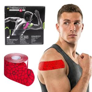 THERABAND Kinesiology Tape, Waterproof Physio Tape for Muscle & Joint Support, Standard Roll with XactStretch Application Indicators, 2″ X 10″ Strips, 20 Precut Strips, Hot Red/Black