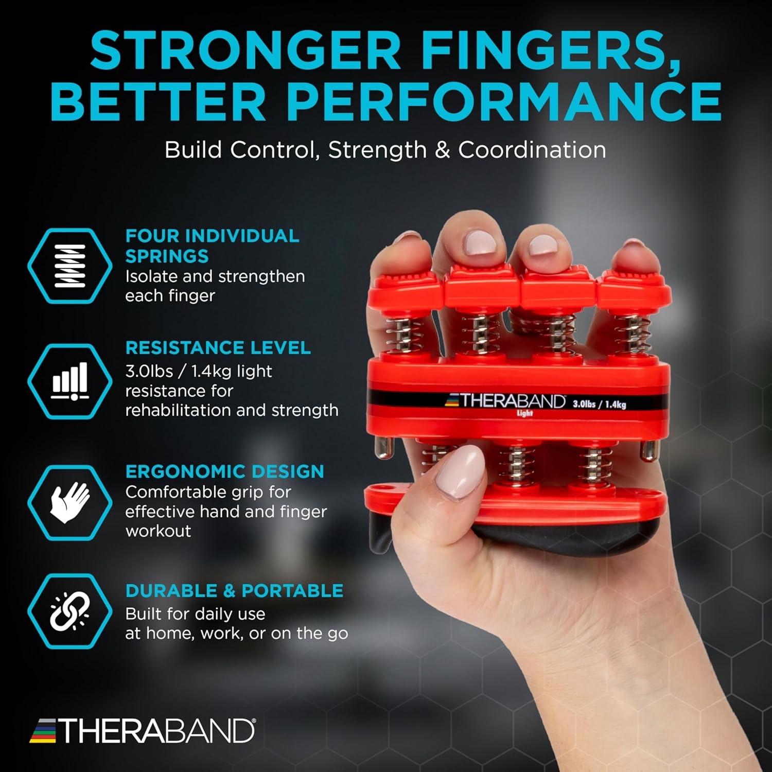 image:imageTheraBand Finger Exerciser Hand amp Finger Strengthener for Grip Dexterity Arthritis amp Rehab SpringLoaded Isolates Each FingerLight