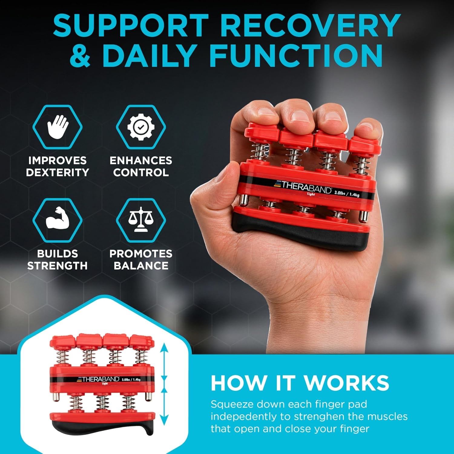 image:imageTheraBand Finger Exerciser Hand amp Finger Strengthener for Grip Dexterity Arthritis amp Rehab SpringLoaded Isolates Each FingerLight