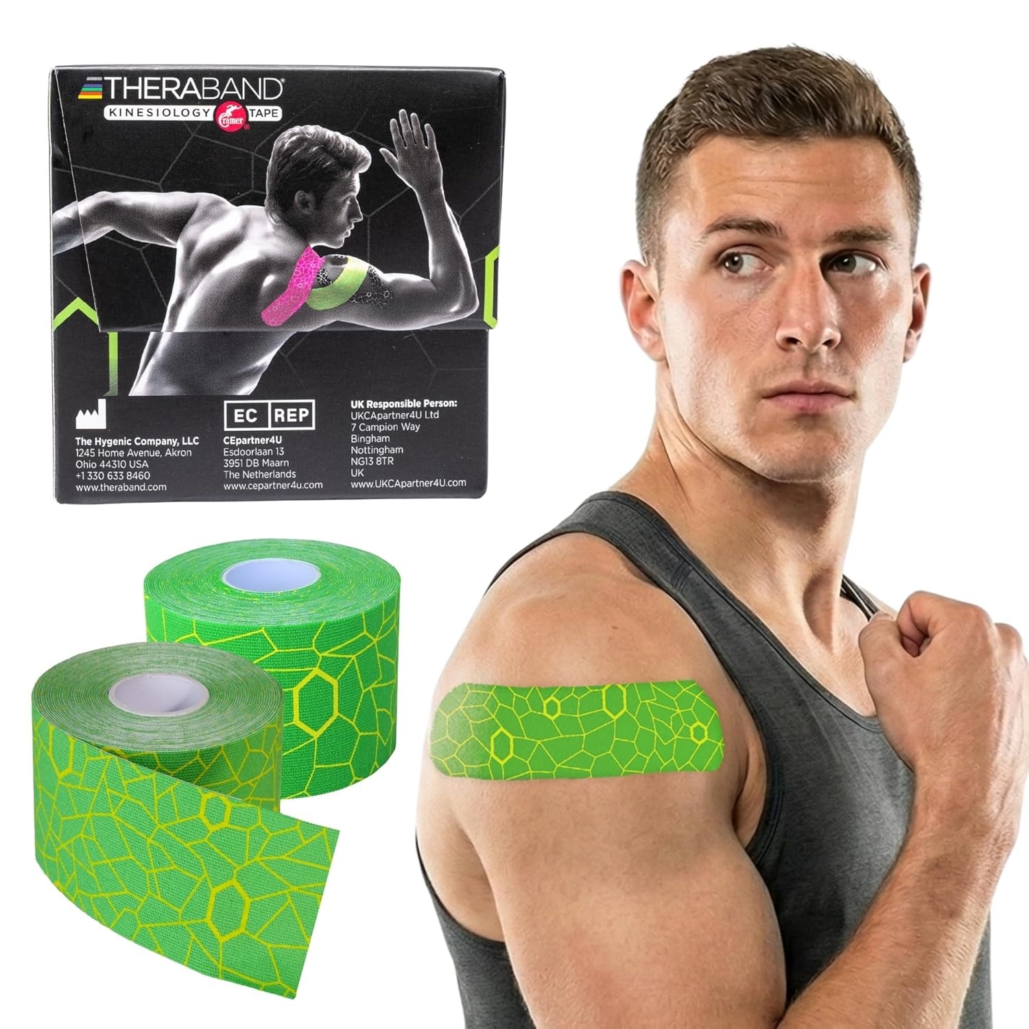 image:imageTHERABAND Kinesiology Tape Waterproof Physio Tape for Muscle amp Joint Support Standard Roll with XactStretch Application Indicators 2 Inch x 164 Foot Roll BlackWhiteElectric GreenYellow