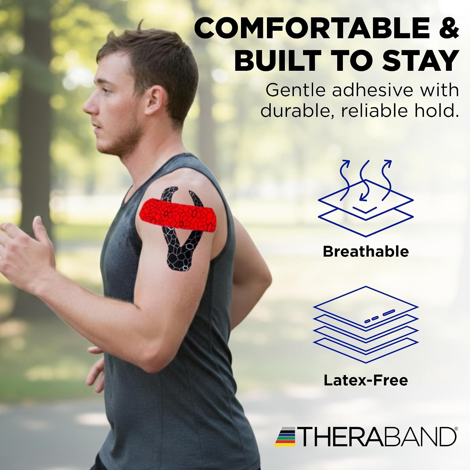 image:imageTHERABAND Kinesiology Tape Waterproof Physio Tape for Muscle amp Joint Support Standard Roll with XactStretch Application Indicators 2 Inch x 164 Foot Roll BlackWhiteHot RedBlack