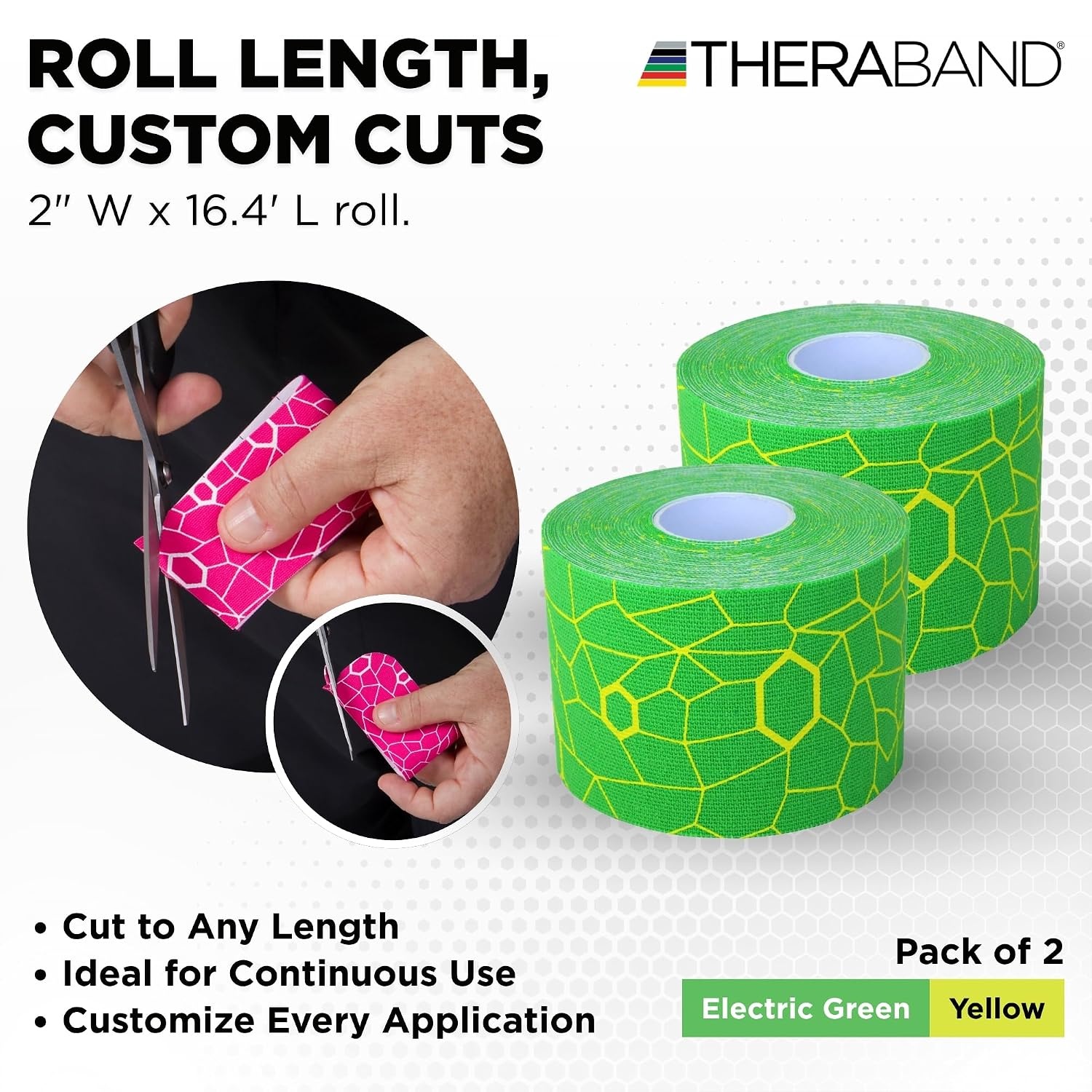 image:imageTHERABAND Kinesiology Tape Waterproof Physio Tape for Muscle amp Joint Support Standard Roll with XactStretch Application Indicators 2 Inch x 164 Foot Roll BlackWhiteElectric GreenYellow