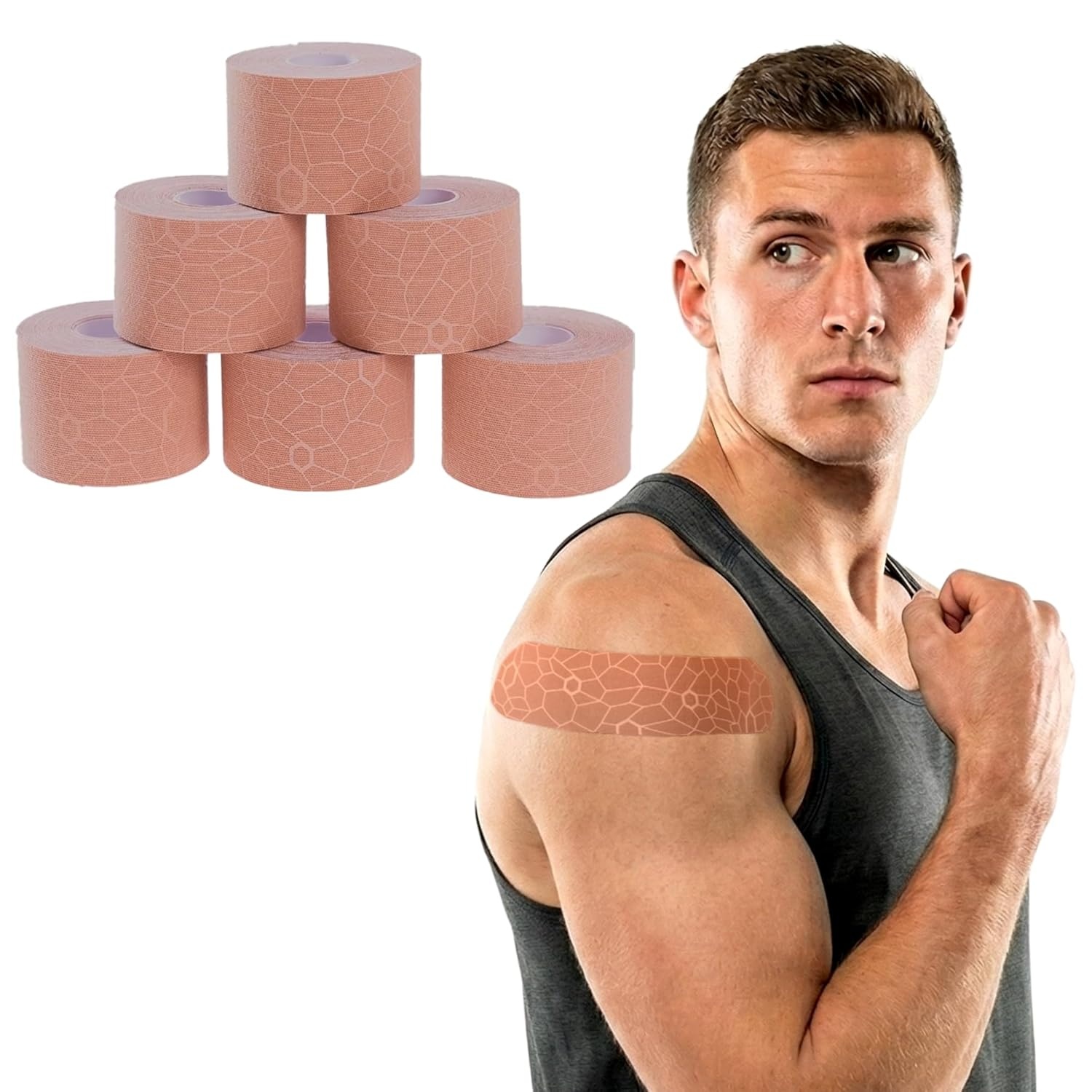 image:imageTHERABAND Kinesiology Tape Waterproof Physio Tape for Muscle amp Joint Support Standard Roll with XactStretch Application Indicators 2 Inch x 164 Foot Roll BlackWhiteBeigeBeige